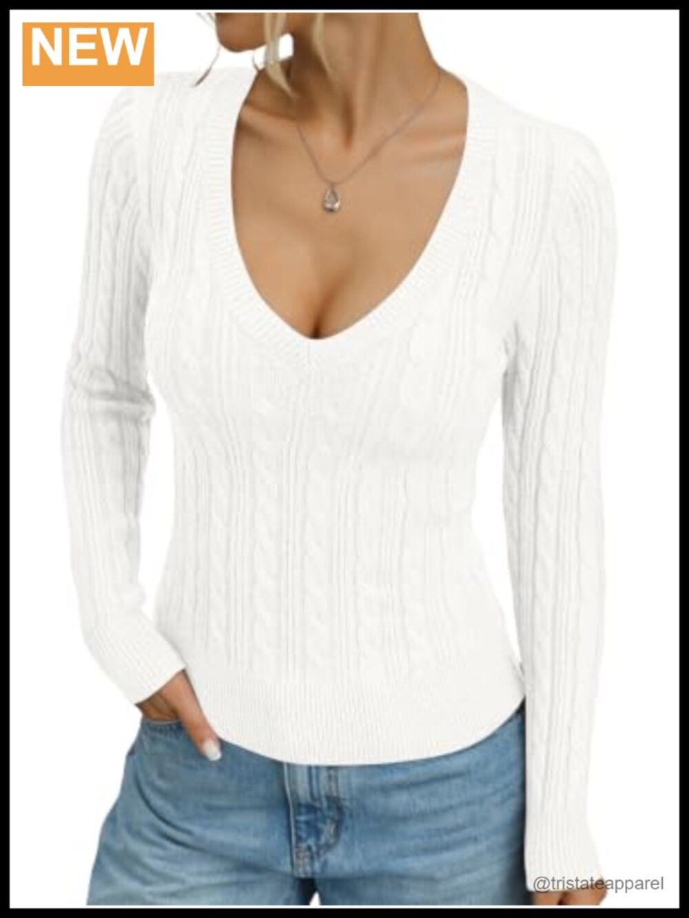 Women's V Neck Cable Knit Sweater, Fitted Chunky Pullover